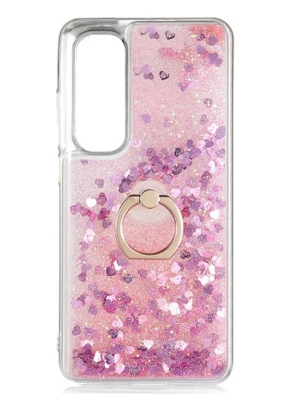 Xiaomi Mi Note 10 Lite Kılıf Pullu Sulu Yüzüklü Kalp Simli Standlı Silikon Milce Kapak Luxury