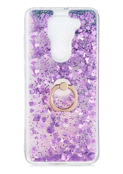 Xiaomi Redmi Note 9s Kılıf Pullu Sulu Yüzüklü Kalp Simli Standlı Silikon Milce Kapak Luxury
