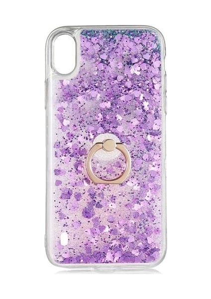 Xiaomi Redmi 9A Kılıf Pullu Sulu Yüzüklü Kalp Simli Standlı Silikon Milce Kapak Luxury