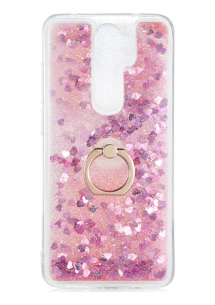 Xiaomi Redmi 9 Kılıf Pullu Sulu Yüzüklü Kalp Simli Standlı Silikon Milce Kapak Luxury