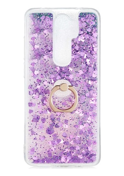 Xiaomi Redmi Note 8 Pro Kılıf Pullu Sulu Yüzüklü Kalp Simli Standlı Silikon Milce Kapak Luxury