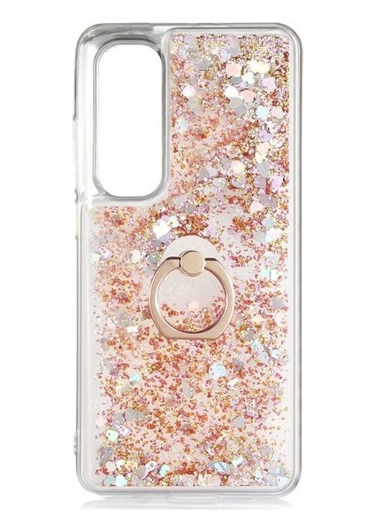 Xiaomi Mi Note 10 Lite Kılıf Pullu Sulu Yüzüklü Kalp Simli Standlı Silikon Milce Kapak Luxury