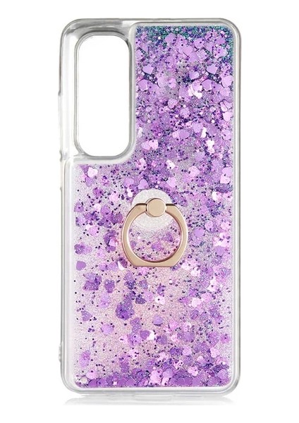 Xiaomi Mi Note 10 Lite Kılıf Pullu Sulu Yüzüklü Kalp Simli Standlı Silikon Milce Kapak Luxury