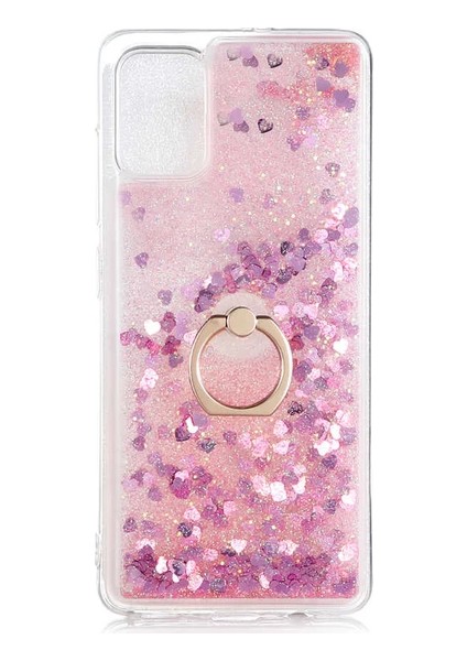 Oppo Reno5 Lite CPH2205 Kılıf Pullu Sulu Yüzüklü Kalp Simli Standlı Silikon Milce Kapak Luxury