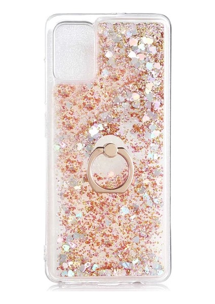 Oppo A15S CPH2179 Kılıf Pullu Sulu Yüzüklü Kalp Simli Standlı Silikon Milce Kapak Luxury