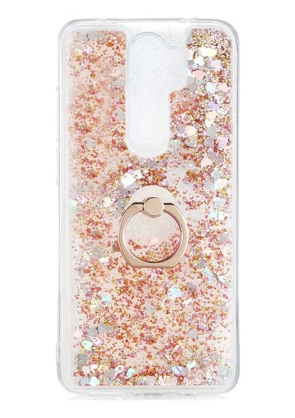 Oppo Reno2 Z CPH1951 Kılıf Pullu Sulu Yüzüklü Kalp Simli Standlı Silikon Milce Kapak Luxury
