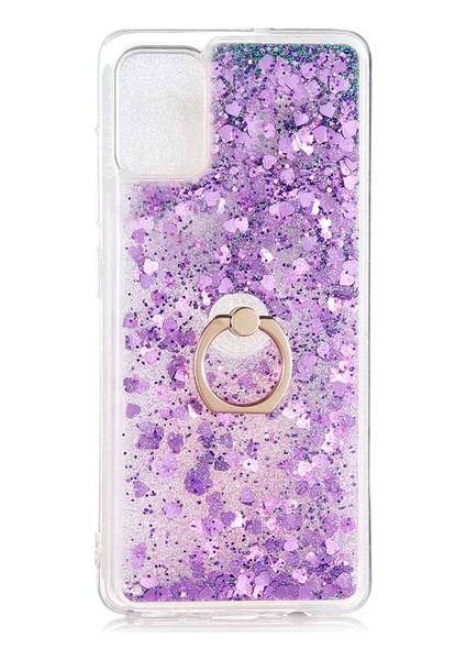 Oppo A74 4g CPH2219 Kılıf Pullu Sulu Yüzüklü Kalp Simli Standlı Silikon Milce Kapak Luxury