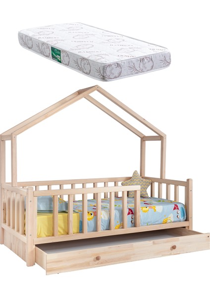 Doğal Ladin Montessori Karyola, Adal Yavrulu Montessori Yatak + 1 Adet Comfort Yatak