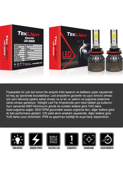 H11 LED Xenon Far Ampulu 10000 Lümen Şimşek Etkili