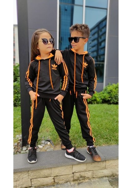 Adidas Nakişli Şeritli Kapişonlu Garson Beden Unisex Çocuk & Kardeş Kombin Eşofman Takimi
