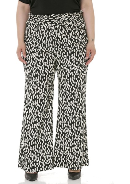 Büyük Beden Beli Geniş Lastikli Büzgülü Bol Paça Siyah Beyaz Kadın Pantolon