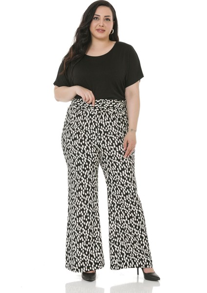 Büyük Beden Beli Geniş Lastikli Büzgülü Bol Paça Siyah Beyaz Kadın Pantolon fiyatları