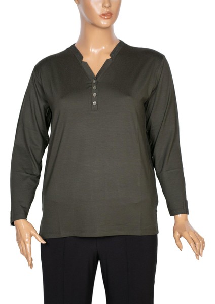 Cimariva Kadın Neval Büyük Beden V Yaka Taşlı Haki Bluz