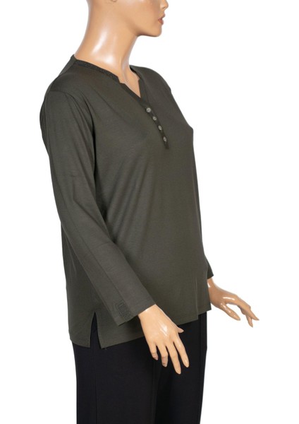 Cimariva Kadın Neval Büyük Beden V Yaka Taşlı Haki Bluz modelleri