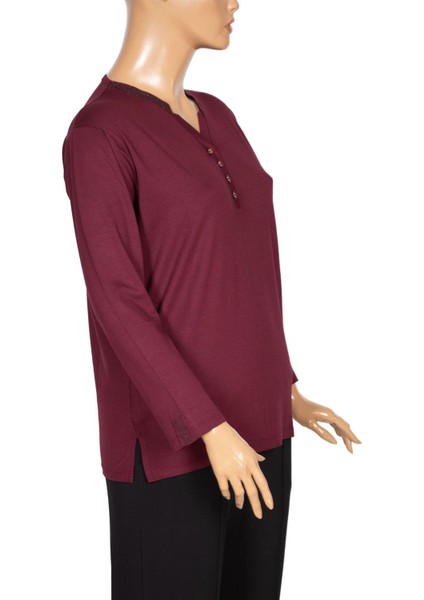 Cimariva Kadın Neval Büyük Beden V Yaka Taşlı Bordo Bluz modelleri