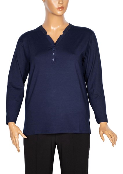 Cimariva Kadın Neval Büyük Beden V Yaka Taşlı Lacivert Bluz