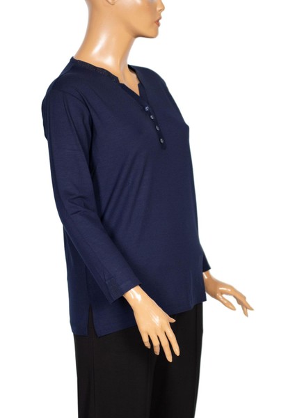 Cimariva Kadın Neval Büyük Beden V Yaka Taşlı Lacivert Bluz modelleri