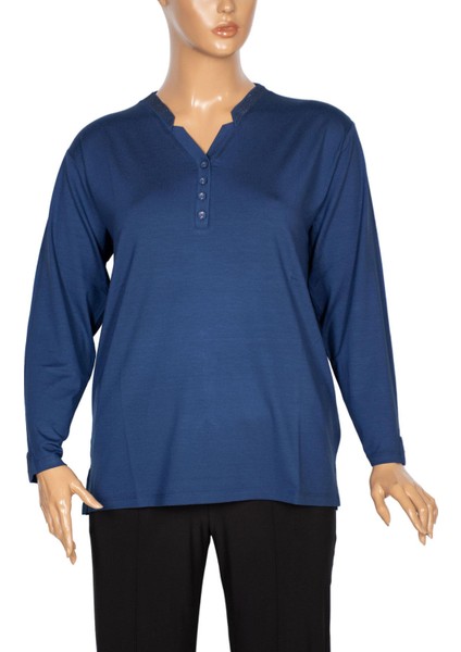 Cimariva Kadın Neval Büyük Beden V Yaka Taşlı Indigo Bluz