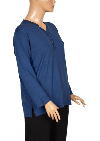 Cimariva Kadın Neval Büyük Beden V Yaka Taşlı Indigo Bluz modelleri