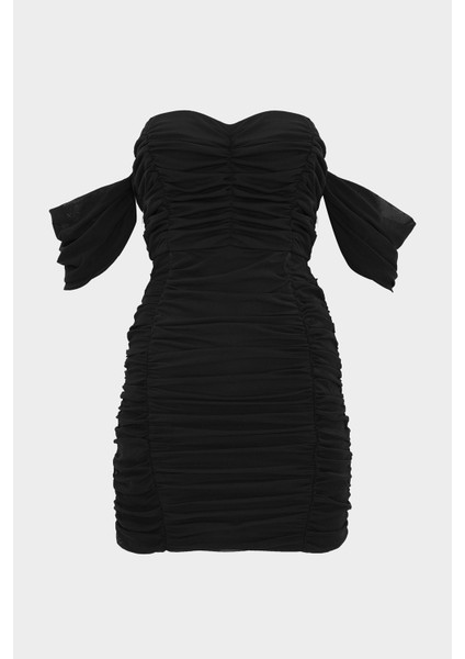Drape Detaylı Straplez Tül Elbise