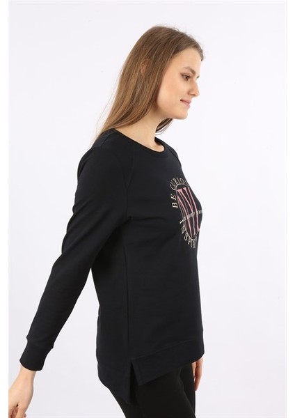 Lacivert Uzun Kollu Baskılı Kadın Sweatshirt
