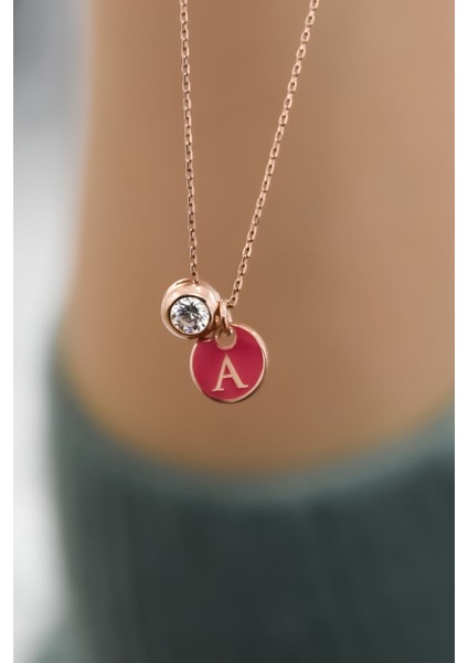 925 Ayar Gümüş Rose Kaplama Mineli A Harf Tektaş Kolye