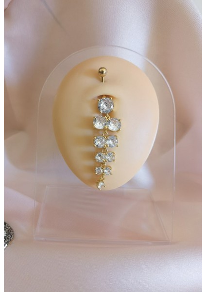 Cerrahi Çelik Sallantılı Zirkon Taşlı Gold Göbek Piercing - Bar Uzunluğu 10 mm