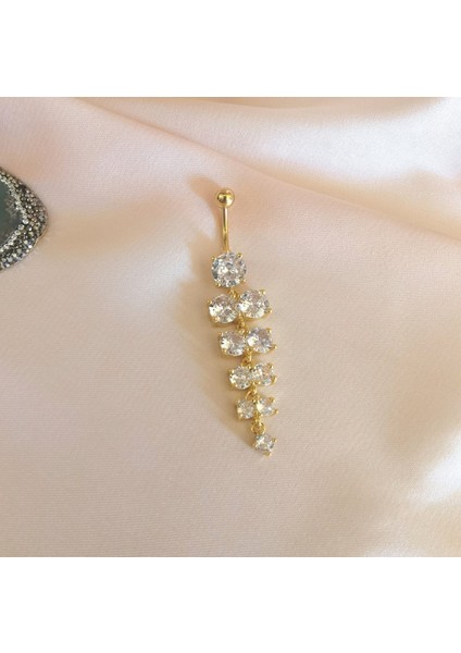 Cerrahi Çelik Sallantılı Zirkon Taşlı Gold Göbek Piercing - Bar Uzunluğu 10 mm