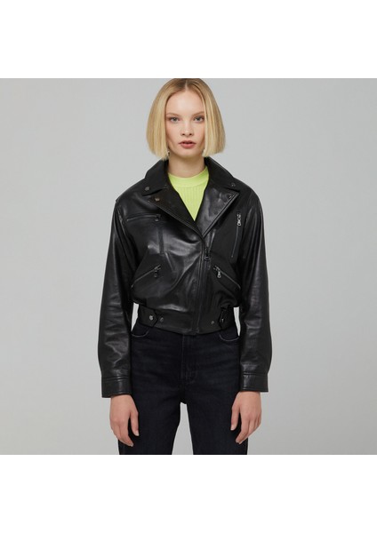 Siyah Hakiki Deri Kadın Hakiki Deri Biker Mont - K22IDM320232-Q3H