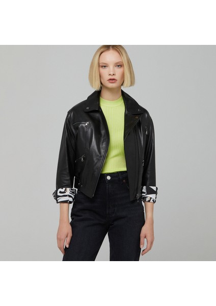 Siyah Hakiki Deri Kadın Hakiki Deri Biker Mont - K22IDM320232-Q3H fırsatları