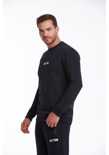 Erkek Lacivert Regular Fit Pamuklu Bisiklet Yaka Sweatshirt