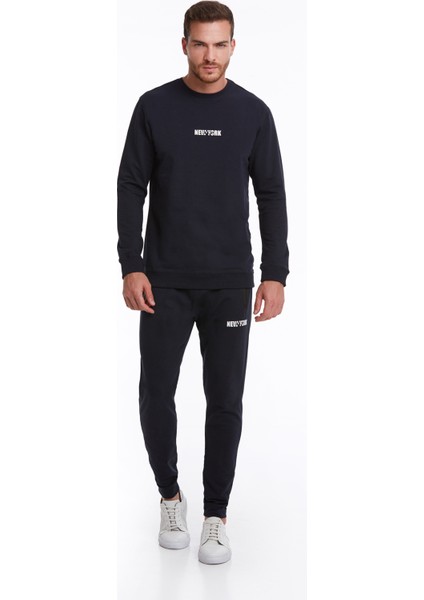 Erkek Lacivert Regular Fit Pamuklu Bisiklet Yaka Sweatshirt