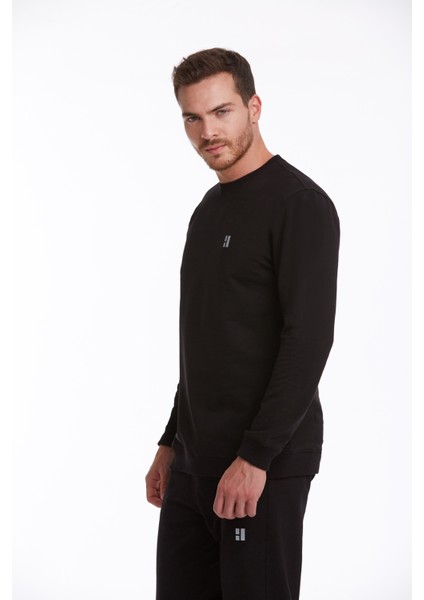 Erkek Siyah Regular Fit Pamuklu Bisiklet Yaka Sweatshirt