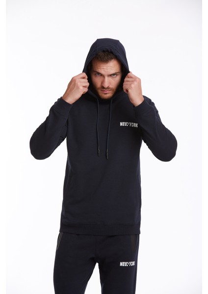 Erkek Lacivert Regular Fit Pamuklu Kapüşonlu Sweatshirt