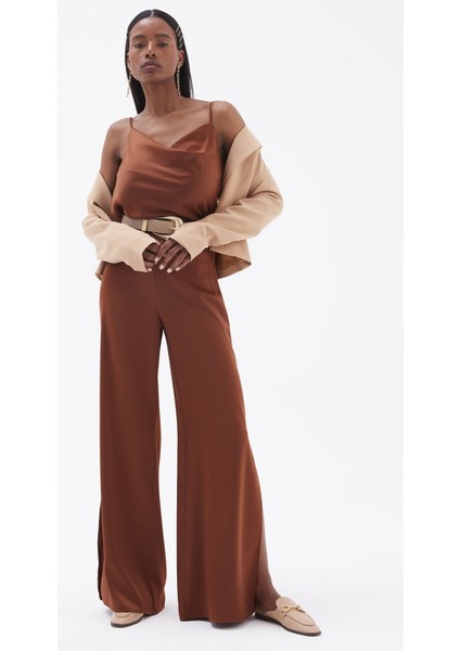 Yırtmaç Detaylı Saten Pantolon - Kahve fırsatları