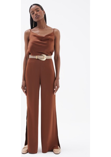 Yırtmaç Detaylı Saten Pantolon - Kahve indirimleri