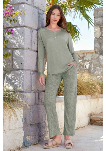 9068 Kadın Uzun Kol Pijama Takımı Mint - S