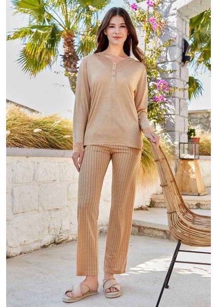 9069 Kadın Uzun Kol Pijama Takımı Hardal - M