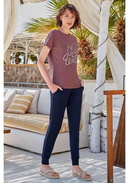9049 Kadın Kısa Kol Pijama Takımı Mürdüm - Xl