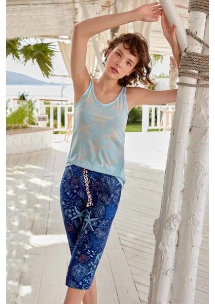 9032 Kadın Kısa Kol Pijama Takımı Turkuaz - S