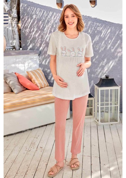 9065 Kadın Lahosa Kısa Kol Pijama Takımı Somon - Xl
