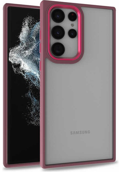 - Samsung Galaxy S22 Ultra - Kılıf Arkası Şeffaf Kamera Çevresi Parlak Zıt Renkli Flora Kapak - Kırmızı - T22864