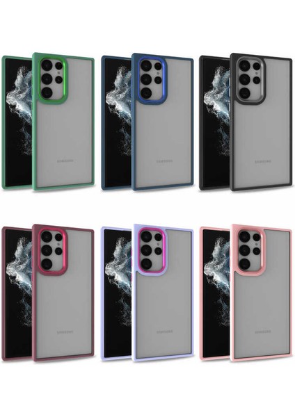 Samsung Galaxy S22 Ultra Uyumlu Kılıf Kamera Çıkıntılı Arkası Kristal Şeffaf Hassas Tuşlu Renkli Kenarlı Flora Kapak Mavi modelleri
