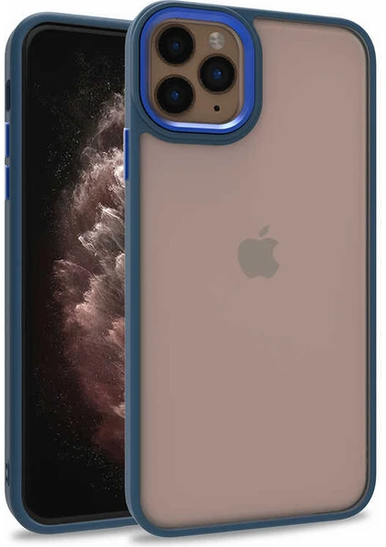 Kzy Apple iPhone 11 Pro Max Kapak Metal Kamera Korumalı Arkası Şeffaf Silikon Kılıf - Mavi