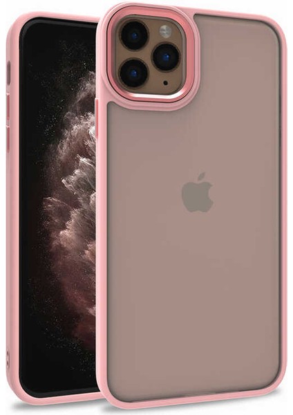 Apple iPhone 11 Pro Max Kapak Metal Kamera Korumalı Arkası Şeffaf Silikon Kılıf - Rose Gold