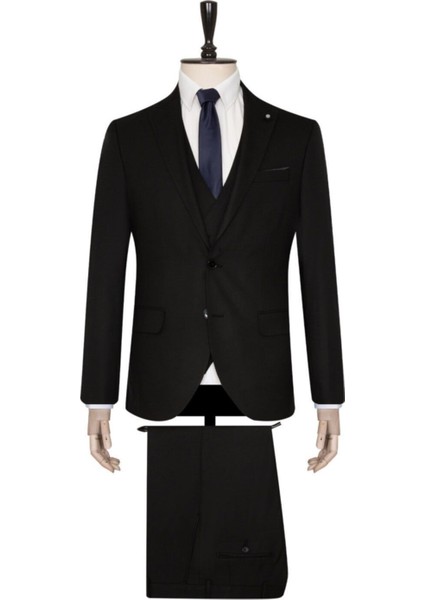 Yelekli Siyah Slim Fit Takım Elbise