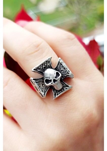 Antik Gümüş Kaplama Kuru Kafalı Haç Şekilli El Yapımı Ayarlanabilir Unisex Yüzük