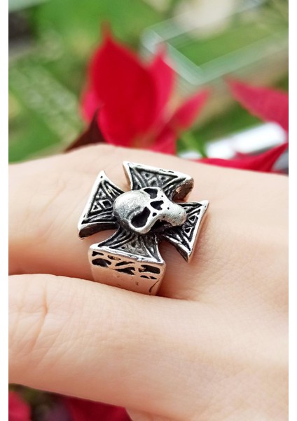 Antik Gümüş Kaplama Kuru Kafalı Haç Şekilli El Yapımı Ayarlanabilir Unisex Yüzük fiyatları