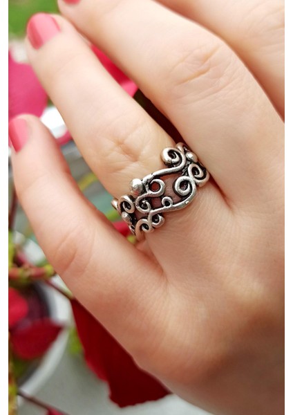 Antik Gümüş Kaplama Motif Şekilli El Yapımı Ayarlanabilir Kadın Yüzük