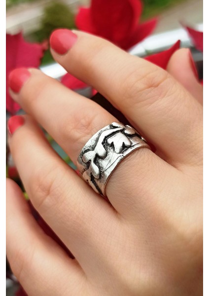 Antik Gümüş Kaplama Çiçek Motifli El Yapımı Ayarlanabilir Kadın Yüzük